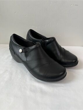 Clarks Channing Ann Black Leather Slip On Clogs Loafers Zip Button Size 10